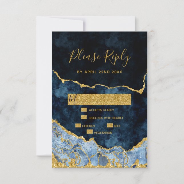 Navy Blue Gold Foil Agate Gilt Wedding RSVP Reply (Front)