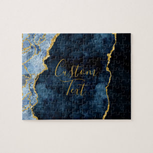 Navy Blue & Gold Foil Agate Marble Custom Text Jigsaw Puzzle