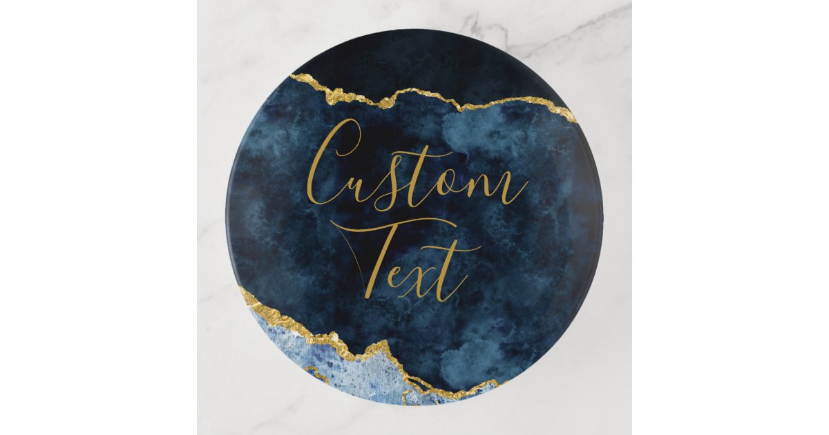 Navy Blue & Gold Foil Agate Marble Custom Text Trinket Trays | Zazzle.com