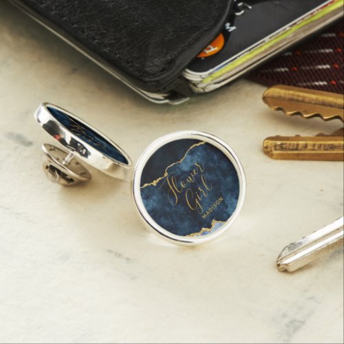Navy Blue  Gold Foil Agate Marble Flower Girl Lapel Pin