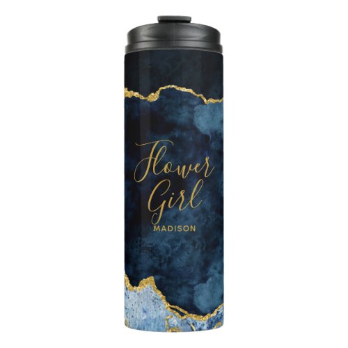 Navy Blue  Gold Foil Agate Marble Flower Girl Thermal Tumbler