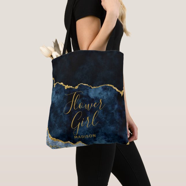 Navy Blue & Gold Foil Agate Marble Flower Girl Tote Bag (Close Up)