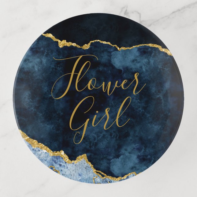 Navy Blue & Gold Foil Agate Marble Flower Girl Trinket Tray (Front)