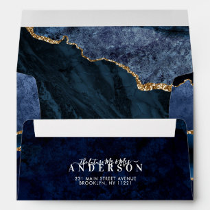 Navy Blue Gold Foil Agate Marble Geode Wedding Envelope