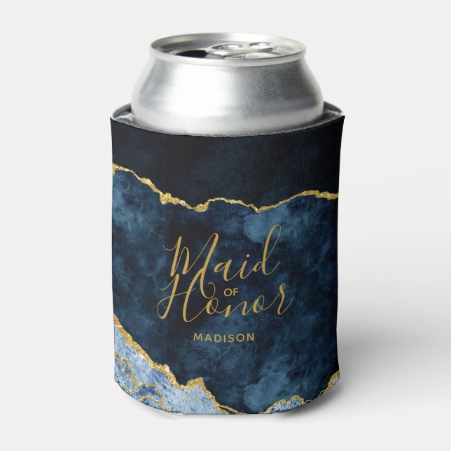 Navy Blue & Gold Foil Agate Marble Maid of Honor Can Cooler (Can Front)