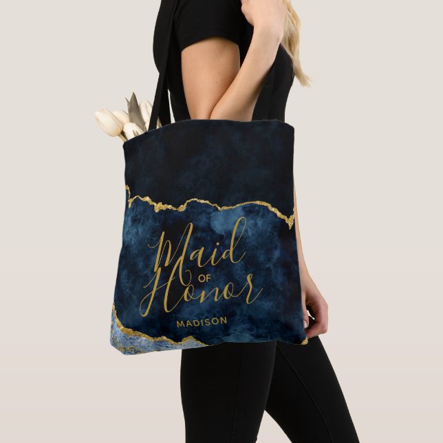 Navy Blue & Gold Foil Agate Marble Maid of Honor Tote Bag (Close Up)