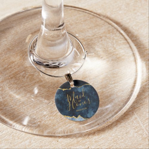 Navy Blue  Gold Foil Agate Marble Maid of Honor Wine Charm