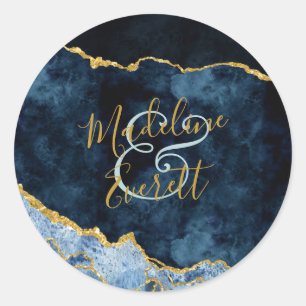 Navy Blue Gold Foil Agate Marble Monogram Wedding Classic Round Sticker