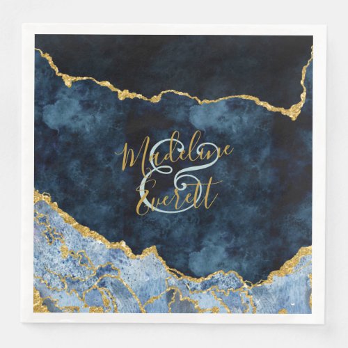 Navy Blue Gold Foil Agate Marble Monogram Wedding Paper Dinner Napkins