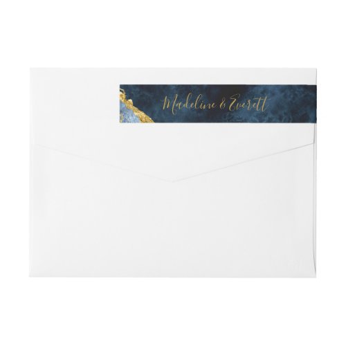 Navy Blue Gold Foil Agate Marble Monogram Wedding Wrap Around Label