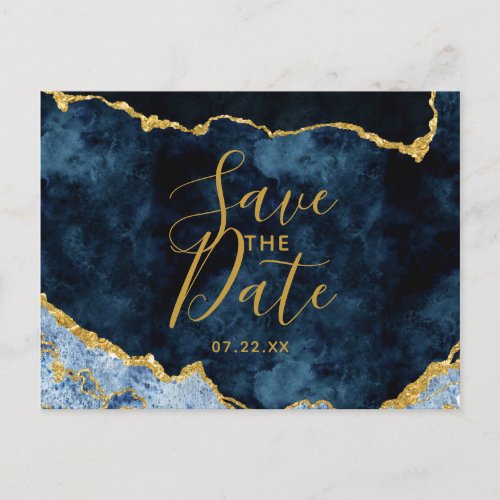 Navy Blue Gold Foil Agate Marble Save the Date Announcement Postcard