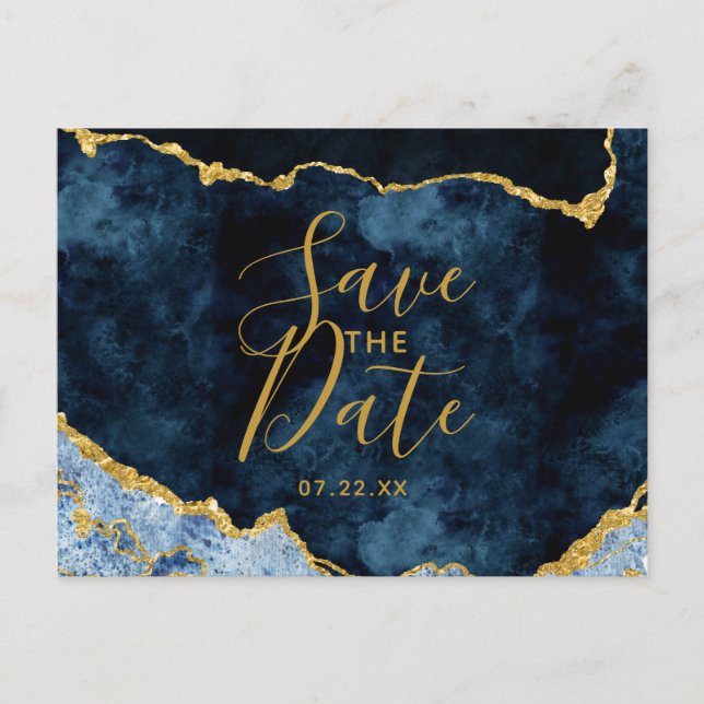 Navy Blue Gold Foil Agate Marble Save the Date Announcement Postcard (Front)