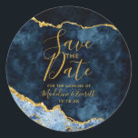 Navy Blue Gold Foil Agate Marble Save the Date Classic Round Sticker<br><div class="desc">Navy Blue & Gold Foil Watercolor Marble Agate Gilded Geode Design,  with Modern and Script fonts. Trendy and Chic Wedding Save the Date Stickers! ~ Check my shop to see the entire wedding suite for this design!</div>