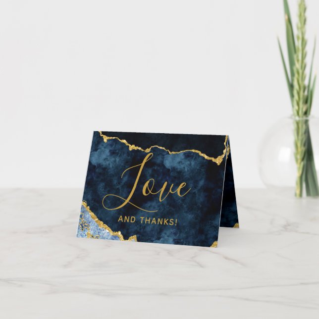 Navy Blue & Gold Foil Agate Marble Thank You Photo Card (Front)