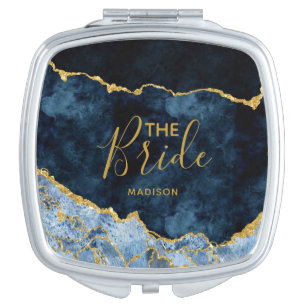 Navy Blue & Gold Foil Agate Marble the Bride Compact Mirror