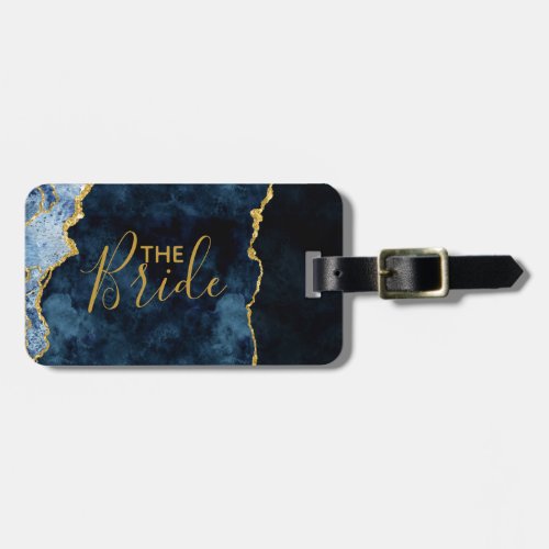 Navy Blue  Gold Foil Agate Marble the Bride Luggage Tag