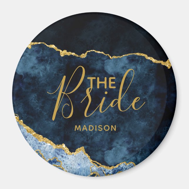 Navy Blue & Gold Foil Agate Marble the Bride Magnet (Front)