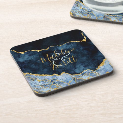 Navy Blue Gold Foil Agate Marble Wedding Monogram Beverage Coaster