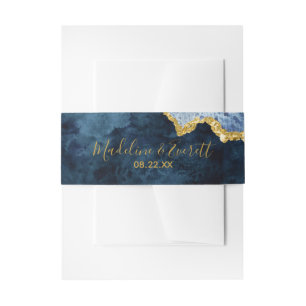 Navy Blue Gold Foil Agate Marble Wedding Monogram Invitation Belly Band