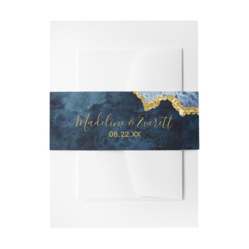 Navy Blue Gold Foil Agate Marble Wedding Monogram Invitation Belly Band