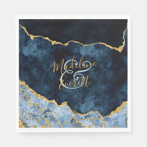 Navy Blue Gold Foil Agate Marble Wedding Monogram Napkins