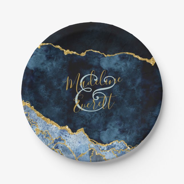 Navy Blue Gold Foil Agate Marble Wedding Monogram Paper Plates (Front)