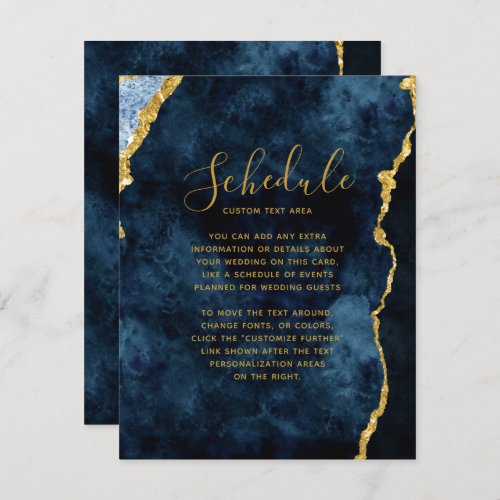 Navy Blue Gold Foil Agate Marble Wedding Schedule Invitation