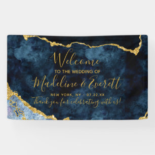 Navy Blue Gold Foil Agate Marble Wedding Welcome Banner