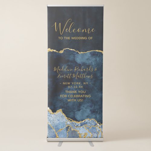 Navy Blue Gold Foil Agate Marble Wedding Welcome Retractable Banner