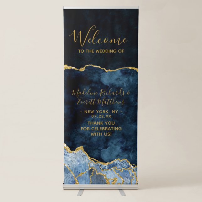 Navy Blue Gold Foil Agate Marble Wedding Welcome Retractable Banner (Front)