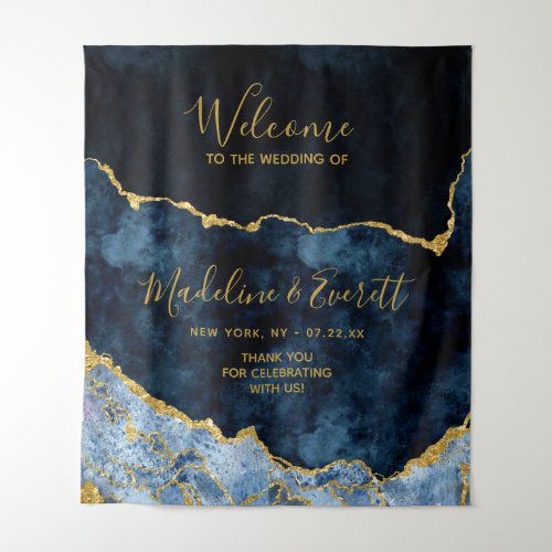 Navy Blue Gold Foil Agate Marble Wedding Welcome Tapestry
