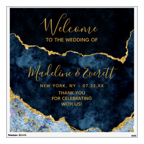 Navy Blue Gold Foil Agate Marble Wedding Welcome Wall Decal