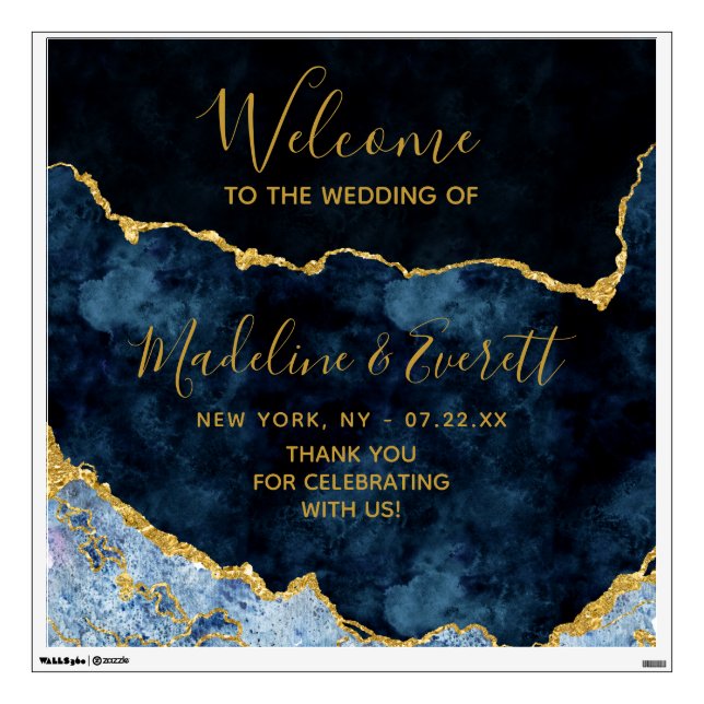 Navy Blue Gold Foil Agate Marble Wedding Welcome Wall Decal (Front)