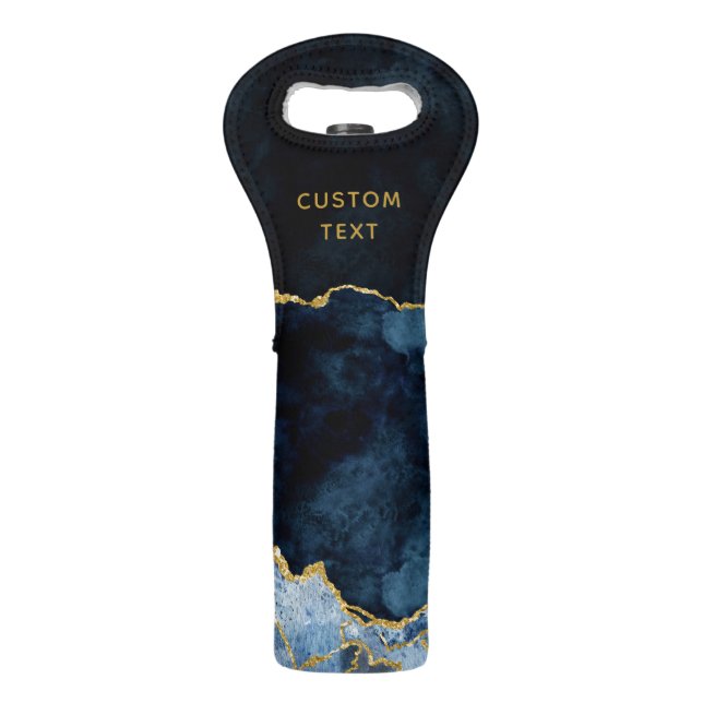 Navy Blue & Gold Foil Agate Marble Wedding Wine Bag (Front)