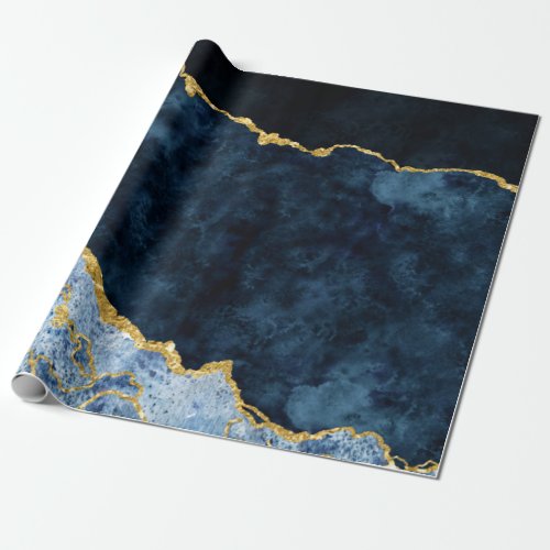 Navy Blue  Gold Foil Agate Marble Wrapping Paper