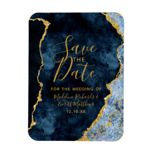 Navy Blue Gold Foil Agate Save the Date Wedding Magnet