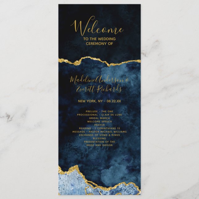 Navy Blue Gold Foil Agate Wedding Ceremony Program (Front)
