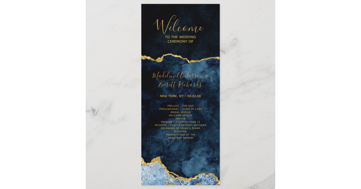 Navy Blue Gold Foil Agate Wedding Ceremony Program Zazzle Com