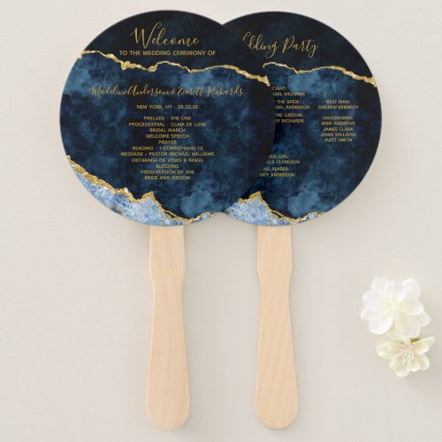 Navy Blue Gold Foil Agate Wedding Ceremony Program Hand Fan