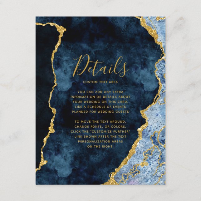 Navy Blue Gold Foil Agate Wedding Details Enclosure Card (Front)