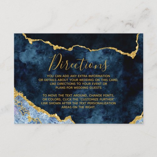 Navy Blue Gold Foil Agate Wedding Directions Enclosure Card