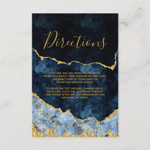 Navy Blue Gold Foil Agate Wedding Directions Enclosure Card