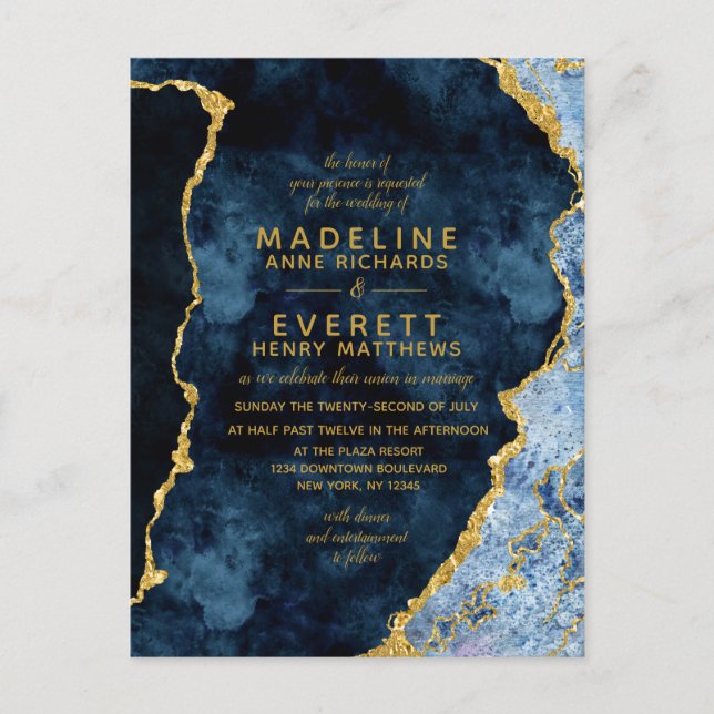 Navy Blue & Gold Foil Agate Wedding Invitations (Front)