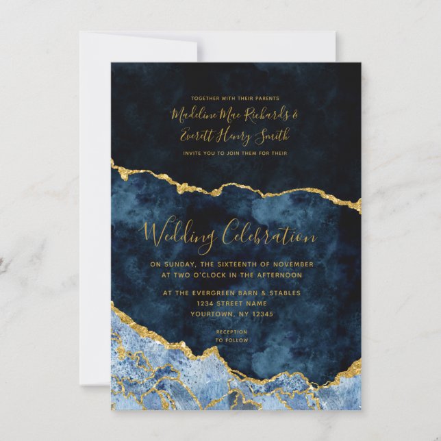 Navy Blue & Gold Foil Agate Wedding Invitations (Front)