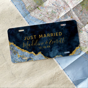 Navy Blue & Gold Foil Agate Wedding Just Married License Plate