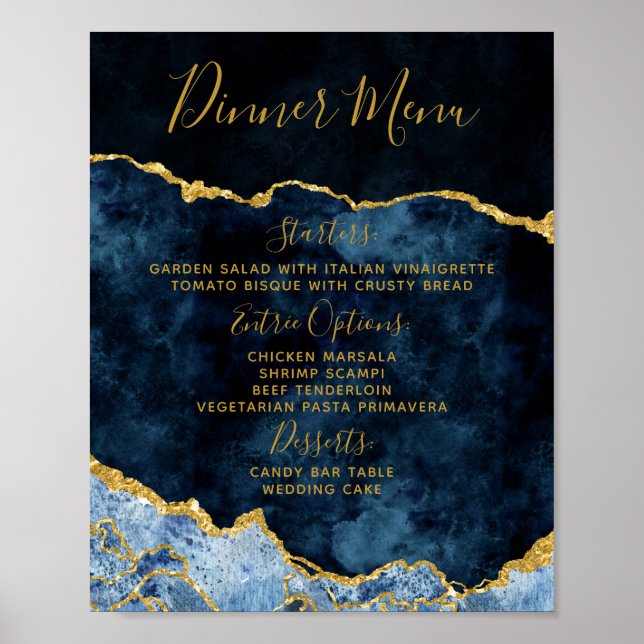 Navy Blue Gold Foil Agate Wedding Menu Table Sign (Front)