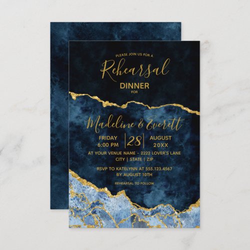 Navy Blue Gold Foil Agate Wedding Rehearsal Dinner Invitation