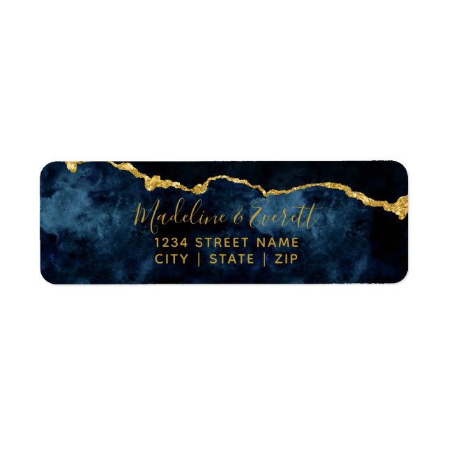 Navy Blue Gold Foil Agate Wedding Return Address Label (Front)