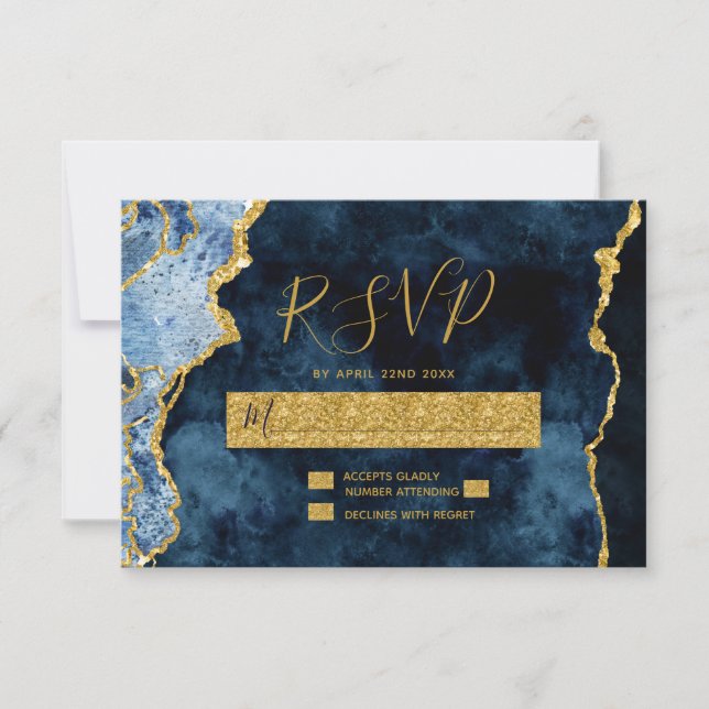 Navy Blue Gold Foil Agate Wedding RSVP Response (Front)