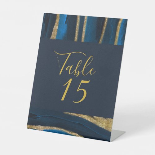 Navy Blue  Gold Foil Agate Wedding Table Number Pedestal Sign
